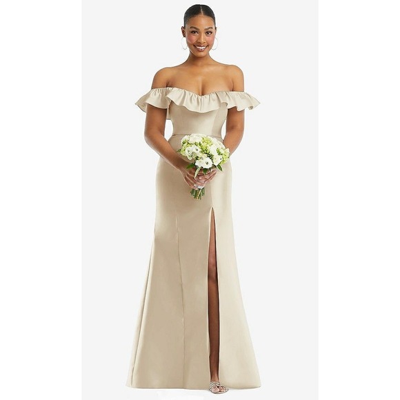 Alfred Sung Off-The-Shoulder Ruffle Neck Satin Trumpet Gown Size 4 - Picture 12 of 13